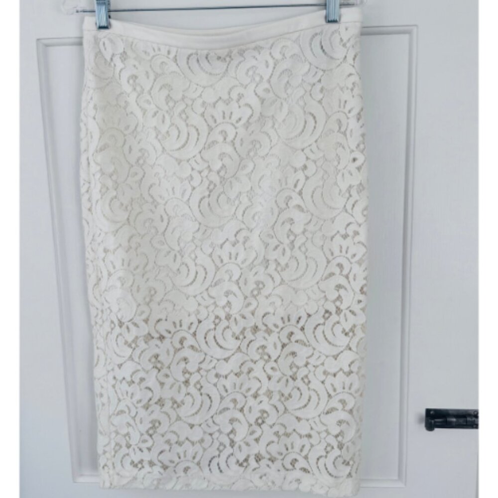 Express Ivory Lace Pencil Skirt Sheer Hem Elegant Classic Size 10 - Picture 8 of 9